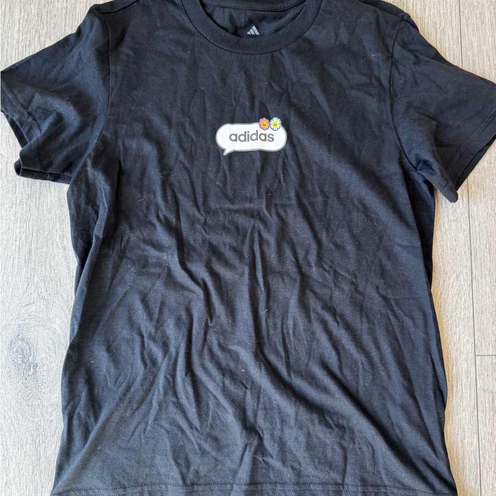 adidas Black Short Sleeve Tee with Floral Accent Logo